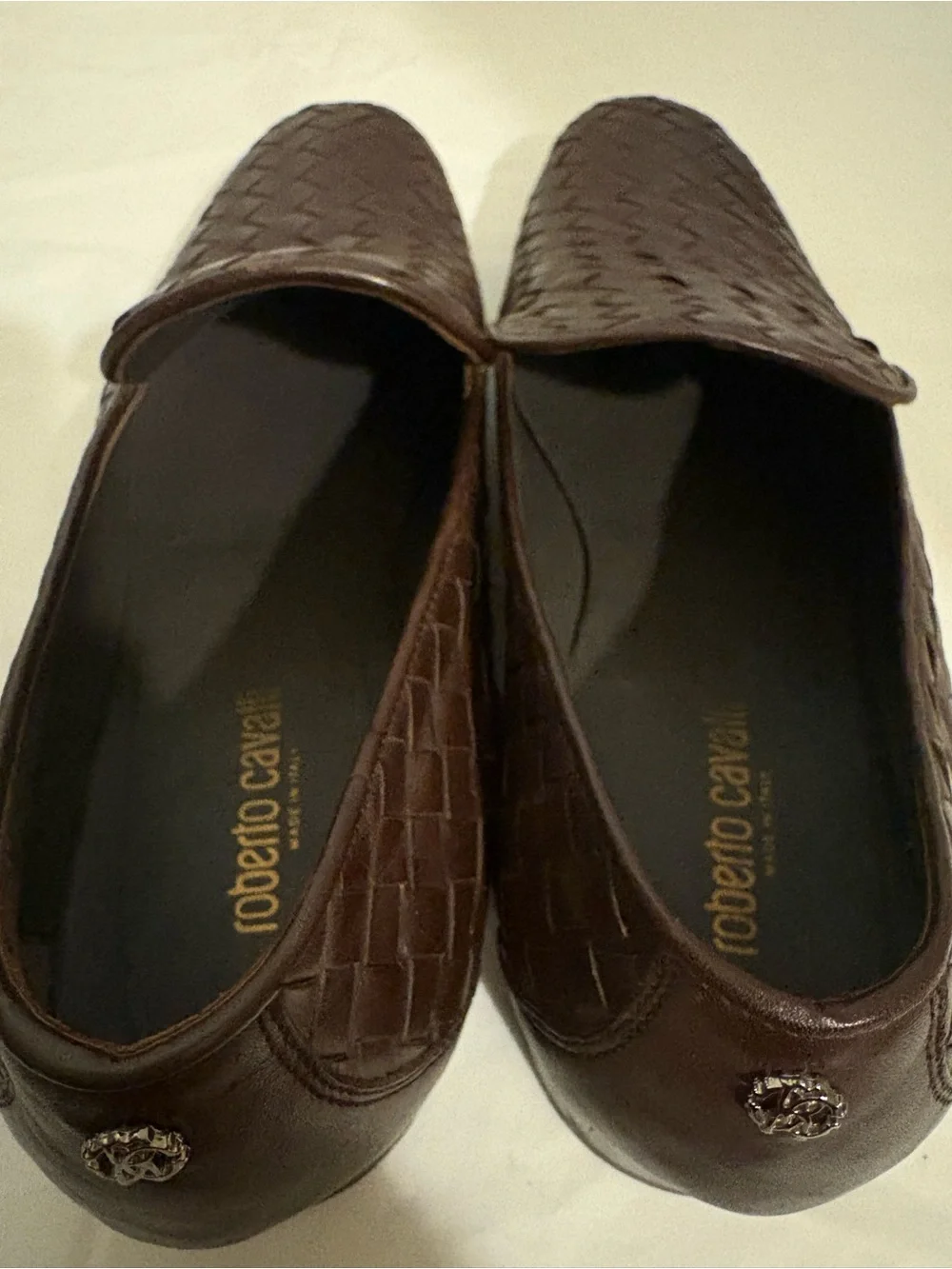 ROBERTO CAVALLI mens brown woven leather loafers